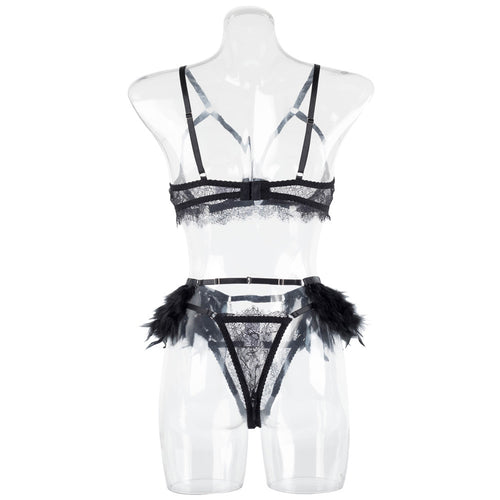 Cupless Metal Chain Bra Three-Piece Set with Feather Waist-10